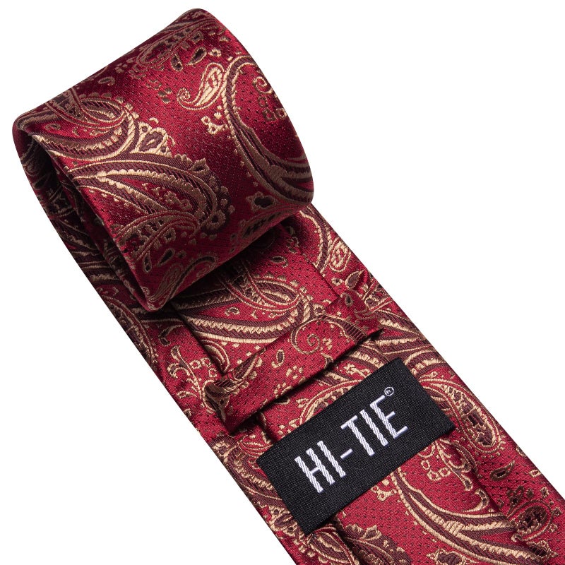 Hi-Tie ربطات عنق حرير هاي-تاي للرجال مجموعة ربطة عنق ومنديل جيب وأزرار أكمام مزينة بنقوش بايزلي رسمية للأعمال، ذهبي أحمر - Image 5
